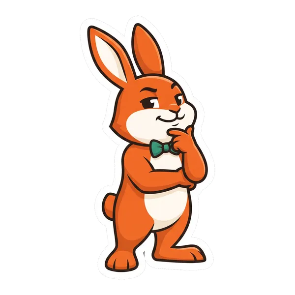 Bunny maskotas susimąstęs, ranka prie smakro